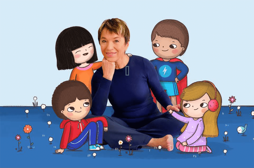 Claudia Yelin sentada en el piso rodeada de niños, ilustración.